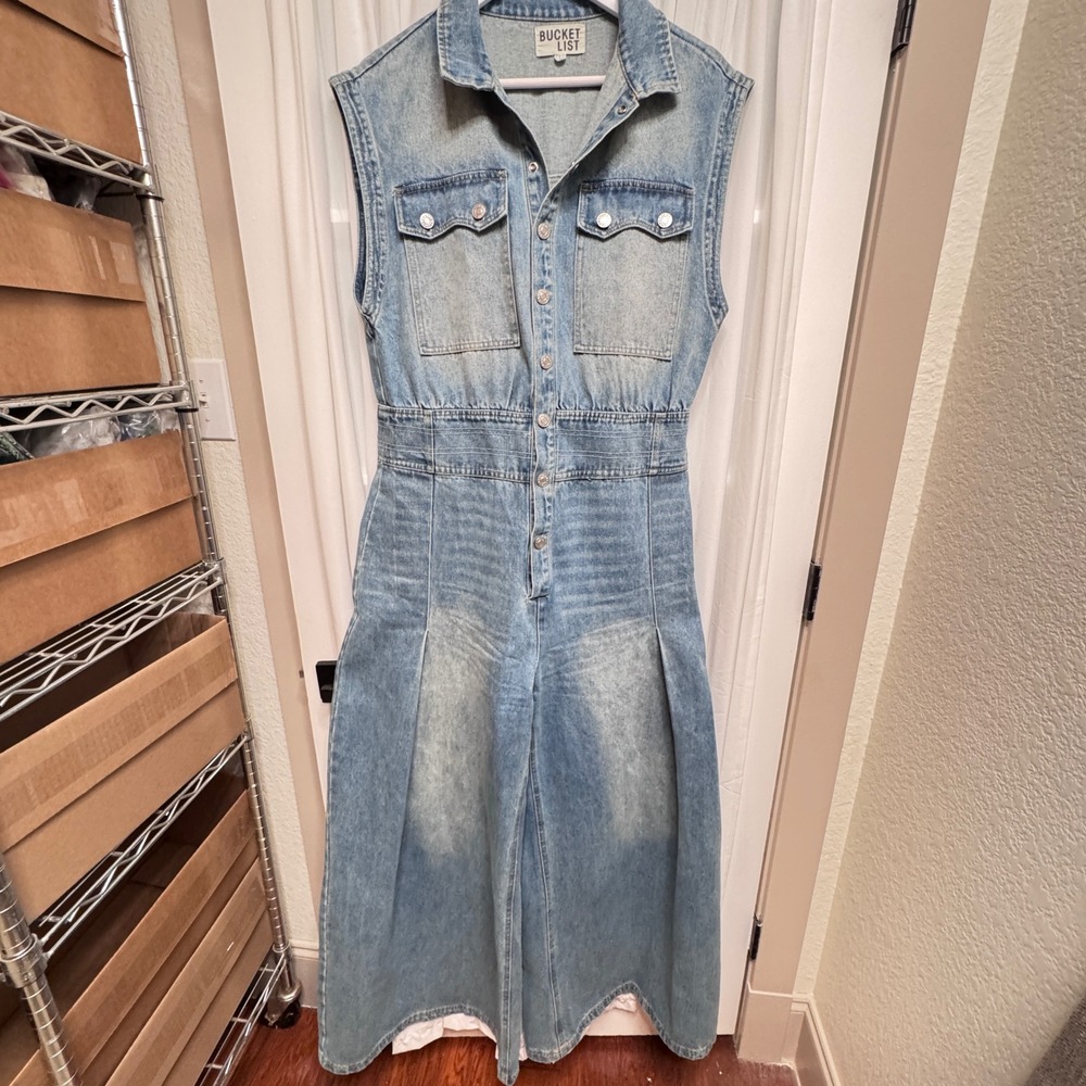 Bucket List Womens Denim Jumpsuit Light Wash Sleeveless Wide Leg Culotte Large